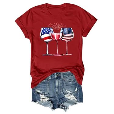 Imagem de Camisetas patrióticas femininas 4 de julho 2024 manga curta gola redonda bandeira dos EUA túnicas gráficas engraçadas taça de vinho, Z09-vermelho, M