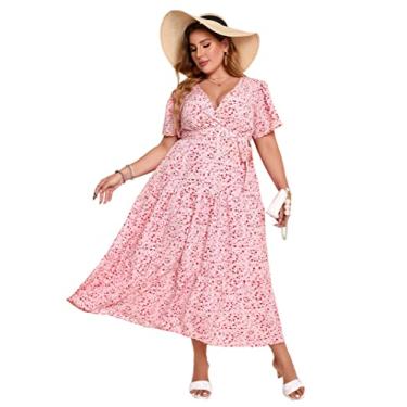 Imagem de KOJOOIN Vestido longo feminino plus size com decote em V, cintura alta, babados, manga curta, vestido casual de verão com cinto, Flor vermelha rosa, XGG