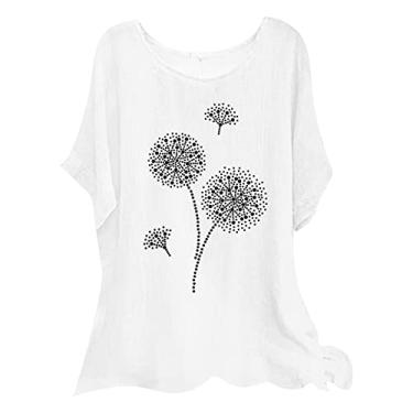 Imagem de Blusa feminina de linho de manga curta, estampa floral, gola redonda, verão, casual, camisetas folgadas, Branco, P