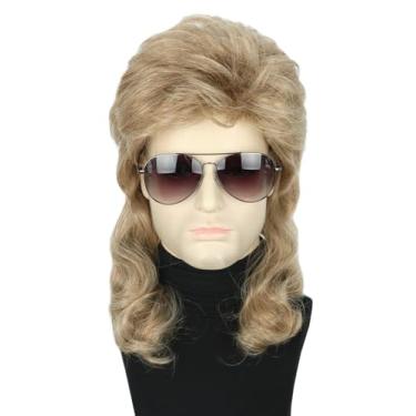 Imagem de Topcosplay Peruca masculina dos anos 80, peruca de tainha, marrom claro, longa, encaracolada, fantasias de Halloween, festa, perucas engraçadas para homens