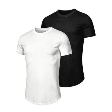 Imagem de JMIERR Camiseta masculina com gola redonda, manga curta, caimento justo, com nervuras, malha elástica, W branco/preto, M