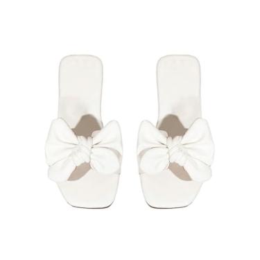 Imagem de Verdusa Sandálias femininas com laço de couro, bico quadrado, sandálias planas de verão, Branco, 13.5 Big Kid