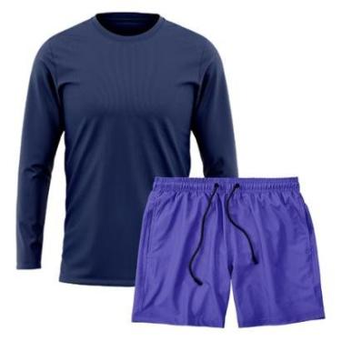 Imagem de Kit Short Praia Academia Passeio Treino Azul + Manga Longa Masculina Segunda Pele Dry-Masculino