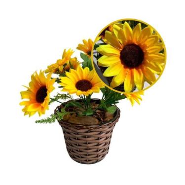 Imagem de Arranjo De Girassol Flor Artificial + Vaso Fibra Sintética - Melhores 