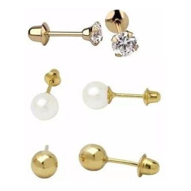 Imagem de Brincos Ouro 18k Bebê Infantil Kit 3 Pares 3mm 4mm 5mm - RD Magazine