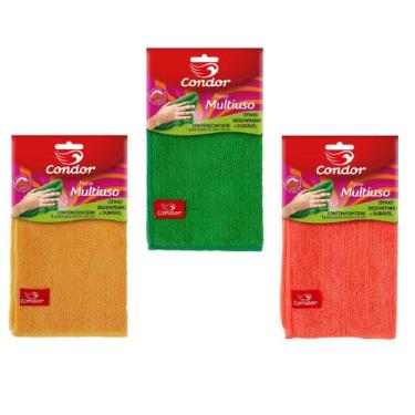 Imagem de Kit 3 Panos Multiuso Microfibra Multiuso 35x35 Amarelo Verde Laranja -