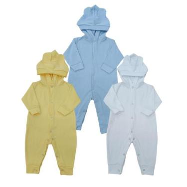 Imagem de KIT 3 PEÇAS Macacões Bebê Orelhinha Unissex - Rovidas Baby, Azul, Bran