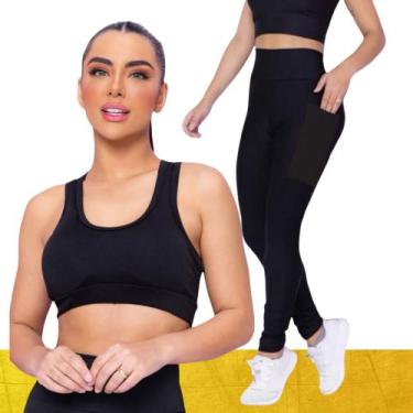 Imagem de Kit conjunto TOP ALÇA MÉDIA bojo + CALÇA LEGGING BOLSOS Feminino Acade