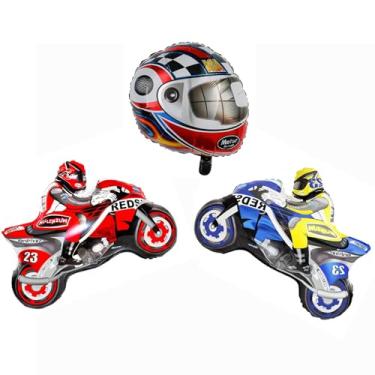 Imagem de Morndew 3 PCS Motorcycles and Helmet Foil Balloons for Kids Sport Themed Party Birthday Party Baby Shower Wedding Party Decorations