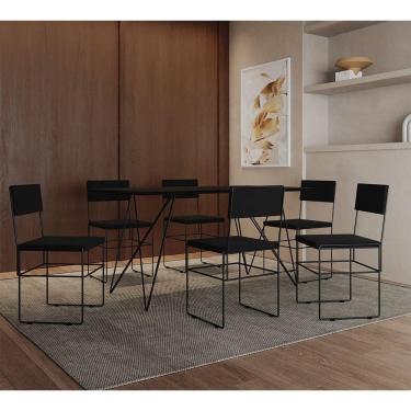 Imagem de Mesa Jantar Retangular Industrial Trama 1,50x0,90m Preta Com 6 Cadeiras Estofadas Pretas Vitória Preto