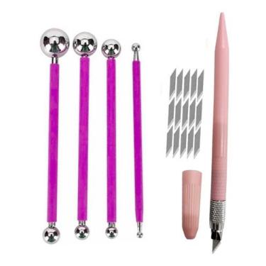 Imagem de 04 Boleador Ponta Dupla Inox + Estilete Precisão Scrapbook - Evolvere