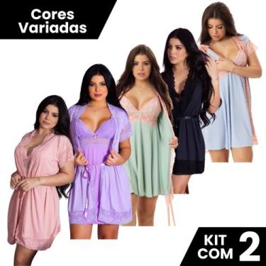 Imagem de Kit 2 Robes Roupão e 2 Camisolas Amamentação Pós Parto Liso Com Renda 