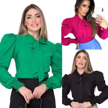 Imagem de Kit 3 Blusas Feminina Manga longa Bufante com Gola e Laço - G-Store, P