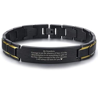 Imagem de Pulseira To My Grandson. Have courage to live your dreams. I will always be here. Pulseira preta de aço inoxidável. Presentes para netos da avó. Presentes de Natal para neto dos avós, 8 46 inch, Metal