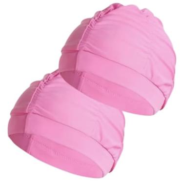 Imagem de 2 toucas de natação de tecido para mulheres, touca de banho elástica não impermeável de tecido durável para piscina longa (rosa)