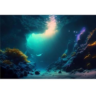 Imagem de Riivvdise Fundo de aquário de peixes para piso oceano, subaquático, pedra subaquática, caverna, luz solar, decoração de aquário, algas marinhas, pano de fundo durável, vinil 122 x 50 cm