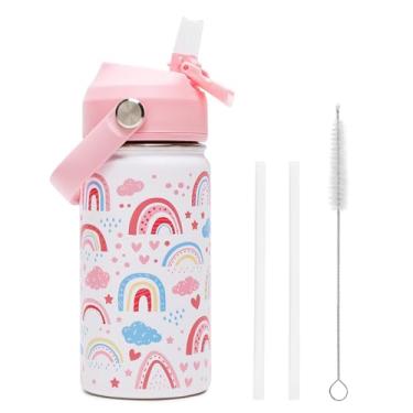 Imagem de ACESAK Garrafa de água infantil isolada de 400 ml com tampa de canudo - copo infantil de aço inoxidável 18/8 para viagem, parede dupla, à prova de vazamento, garrafa de água infantil portátil