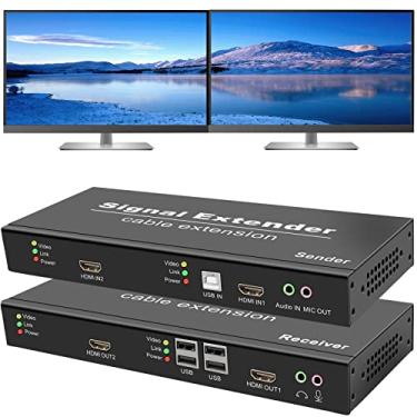 Imagem de LornCeng Extensor USB 4K Dual HDMI KVM sobre Cat5e/6/7 até 120 m, extensor HDMI de visualização dupla 4K a 30Hz, HDMI de 2 portas, USB 2.0 de 4 portas, áudio bidirecional, latência quase zero para 2