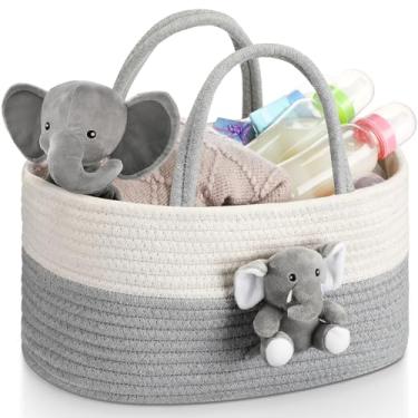 Imagem de FoldTier Organizador de fraldas de elefante, carrinho de armazenamento para berçário com alça, cesta de chá de bebê, presente para fraldas, lenços, cesta de elefante para berçário (GG)