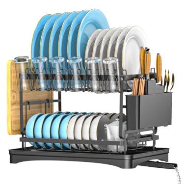 Imagem de Escorredor de Pratos de Aço Inoxidável para Balcão de Cozinha, Organizadores de Cozinha de 2 Camadas e Suporte de Armazenamento com Escorredor e Porta-Talheres, Grande, Preto