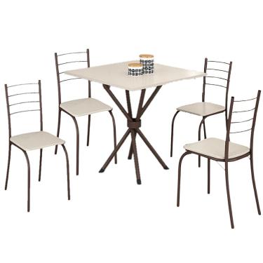 Imagem de Mesa Rio Tampo Granito 75x75cm Off White com 4 Cadeiras Tubular Marrom Teixeira Cor Marrom
