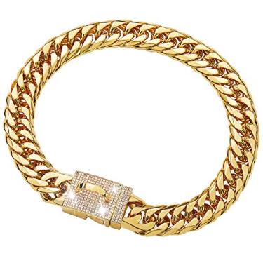 Imagem de W/W Lifetime Coleira de corrente para cães, coleira enforcadora de metal com fivela segura, elos cubanos dourados, forte, à prova de mastigação para cães médios, pastor alemão Pitbull americano (16 mm, 16 polegadas)