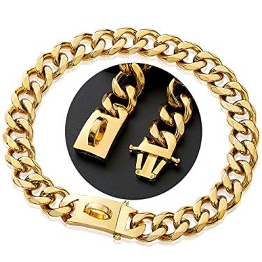 Imagem de GZMZC Coleira de corrente para cães 19 mm fecho de pressão Chian Aço inoxidável 18K Corrente de elos freio, colar para cães de estimação adestramento de cães coleira de estrangulamento de caminhada (35,5 cm)