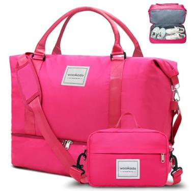 Imagem de WOOMADA Bolsa de fim de semana para mulheres, bolsa de viagem com compartimento para sapatos, bolsa noturna com bolsa de higiene pessoal tamanho grande, Rosa choque