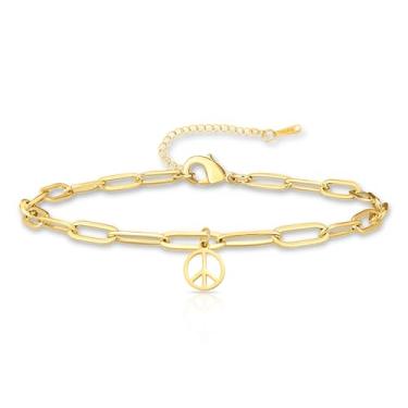 Imagem de VASSAGO Pulseira de signo da paz, tornozeleira para mulheres e homens, símbolo do símbolo da paz, aço inoxidável, pulseira delicada de corrente com clipe de papel, 1960, 1970, acessórios para vestir