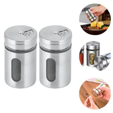 Imagem de 2 Saleiros Porta Tempero Pimenteiro Luxo Aço Inox Com Visor - Inter