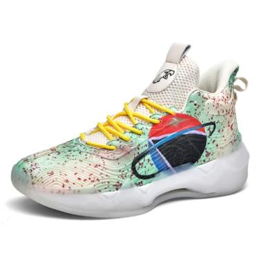 Imagem de Jefuzh Tênis de basquete feminino, com pintura colorida, casual, moderno, cano alto, cadarço, tênis de corrida para esportes ao ar livre, Verde-preto-vermelho, 36