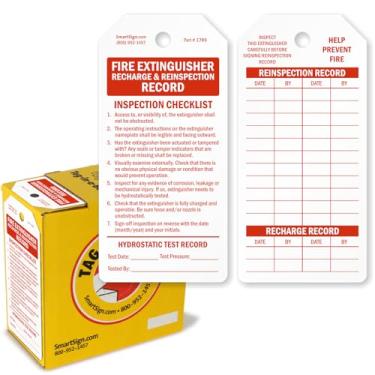 Imagem de SmartSign Pacote com 100 etiquetas de registro de recarga e reinspeção de extintor de incêndio, etiquetas escritas nos dois lados na caixa do dispensador, lista de verificação prática de inspeção, 16