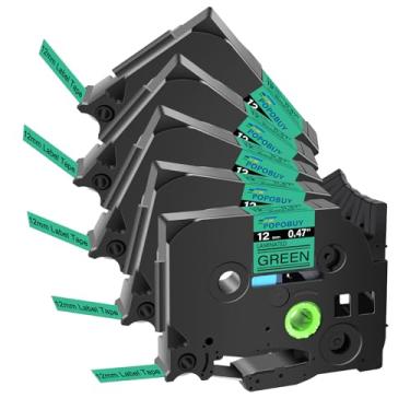 Imagem de POPOBUY Fita verde laminada TZ TZe 12 mm 0,47 compatível com Brother P Touch TZ731 TZ-731 TZe-731 TZe731 Fita de etiqueta para PTD210 PTD400 PTD220 PTH110 etiquetadora, pacote com 5, preto sobre verde