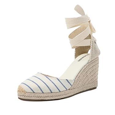 Imagem de TONIVIS Alpargatas femininas plataforma, cunha de 7,6 cm, tira macia no tornozelo, bico fechado, sandálias clássicas de verão, Listras azuis e brancas, 36