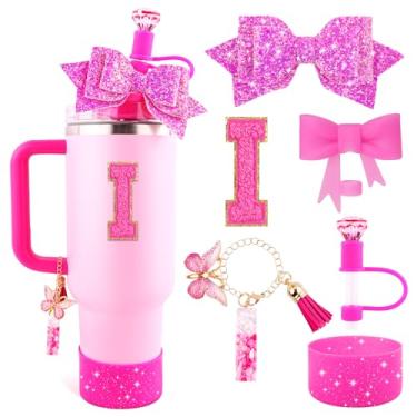 Imagem de Lingdeer Conjunto de acessórios de copo rosa rosa para Stanley copo de 850 g e 1,134 g com alça, pingentes de letras, capas de canudo de arco e diamante, bota de silicone com glitter, adesivo