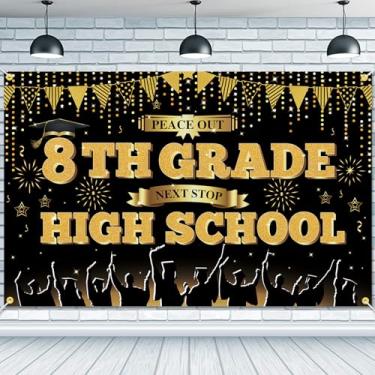 Imagem de JKQ Peace out Faixa de fundo da 8ª série Next Stop High School 188 x 113 cm preto dourado 8º ano graduação fundo banner decoração de festa de pós-graduação 8ª série adereços de cabine de fotos