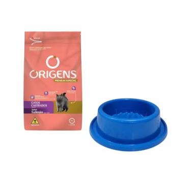 Imagem de KIT ORIGENS RAÇÃO GATOS CASTRADOS SALMÃO 1KG + MASTER PET COMEDOURO ANTI FORMIGAS N2 AZUL 600ML