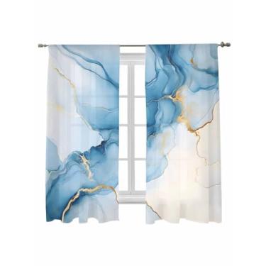 Imagem de Cortinas semitransparentes estilo mármore azul 153 cm de comprimento, arte abstrata azul marinho gradiente cortinas de tratamentos de janela, cortinas de filtro de luz, cortinas de bolso de haste de