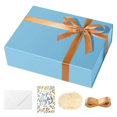 Imagem de souloduce Caixa de presente azul grande com fecho magnético, medindo 30 x 21 x 8,5 cm para presentes de aniversário - caixa inclui cartão, envelope, fita e enchimento de papel desfiado (1 peça)