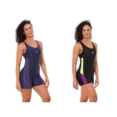 Imagem de Kit 2 Maiô Macaquinho Natação e Hidro Feminino Forrado Liso (1 Marinho/Pink / 1 Preto/Amarelo/Roxo, G)