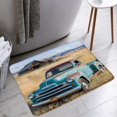 Imagem de AMFD Tapete de banheiro rústico caminhão fazenda vintage azul carro antigo celeiro de madeira campo fazenda ocidental banheiro banheira tapetes de chão capacho decoração de vaso sanitário, 45,7 x 76,2