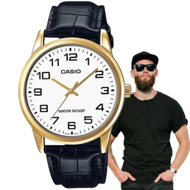 Imagem de Relógio de Pulso Masculino Casio Casual Quartz Analógico Redondo Pulseira de Couro Dourado MTP-V001GL-7BUDF