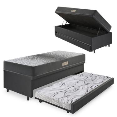 Imagem de Bicama Box Baú Solteiro 88X188 Courino Linho Preto com Colchão Dual Firm Ecoflex