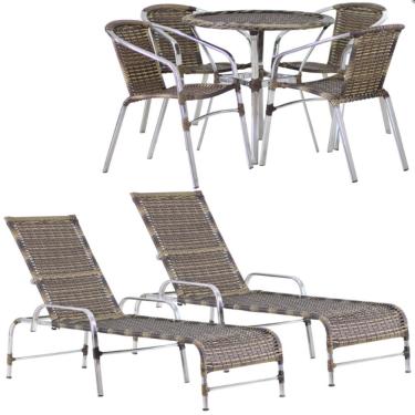Imagem de Kit 4 Cadeiras Floripa e Mesa Tampo Tramado com 2 Espreguiçadeiras Catar Piscina, Jardim, Varanda, Área