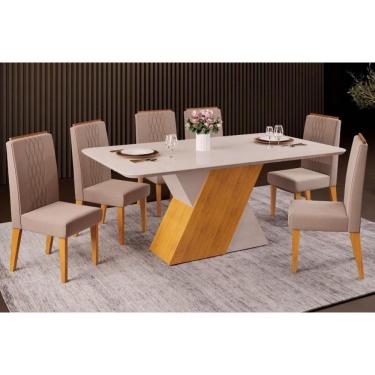 Imagem de Sala De Jantar Completa Rubi Tampo Madeirado c- Vidro Curvo 170x90cm E 6 Cadeiras Lia Cedro-off White-off White - Suede Kraft - Dj Móveis