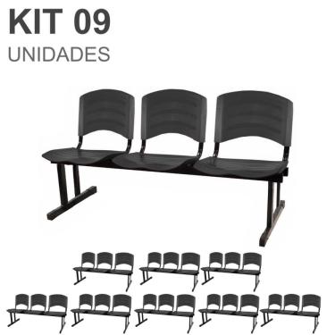 Imagem de Kit 09 Cadeiras Longarinas plástica 03 Lugares - Cor preto - pollo móveis - 33038