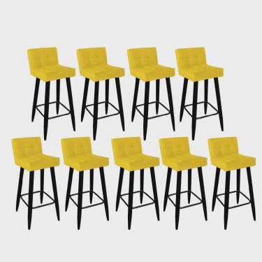 Imagem de Kit 09 Banqueta Alta Lucy Com Encosto Cozinha Bar Balcão Bistrô Pé Palito Preto Suede Amarelo - Ahz Móveis