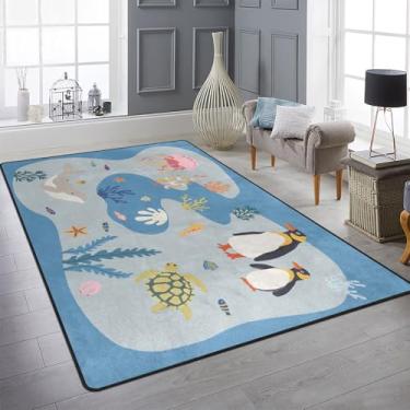 Imagem de Amorettise Tapetes de área de animais oceânicos 2,8 x 1,5 m azul baleias do mar tapete ultra macio para crianças, tapete de brincar para quarto, sala de estar, quarto de bebê