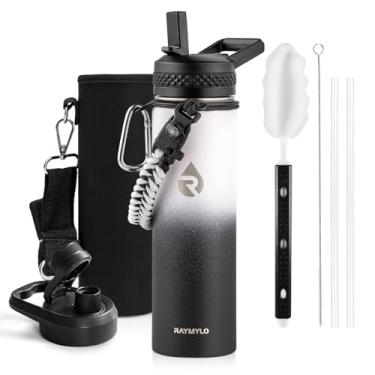 Imagem de Garrafa térmica de água RAYMYLO, aço inoxidável de parede tripla isolada a vácuo (fria por 48 h), à prova de vazamento, sem BPA, tampas de bico/canudo, infantil, escolar, 591 ml, degradê: preto/branco