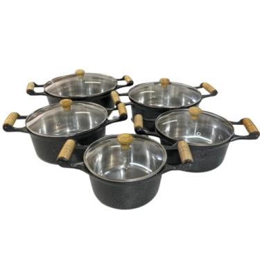 Imagem de Jogo de Panelas Preta Alumínio Batido Fundido 5 Peças Craquelada Grossa com Tampa de Vidro